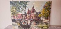 Full view of unframed Resseguier oil painting showing Amsterdam canal scene