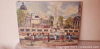 Full view of unframed oil painting showing Trafalgar Square scene