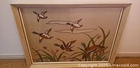 Full view of framed embroidered mallard duck scene