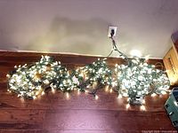 String lights illuminated and plugged in, showing bulb color and function