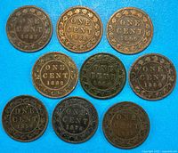 Nine Canada large cents reverse side showing ONE CENT legend and dates
