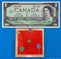 Full view of banknote and lapel pin set on backing card