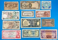 Overall layout of 12 banknotes on blue background