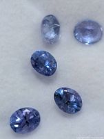 Five oval violet-blue tanzanite stones on white padding close-up
