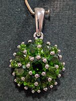 Front view of silver pendant with green chrome diopside stones