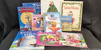 Front view of all ten children’s Christmas books standing and lying flat