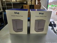 Front view of two sealed Blue by ADT Smart Home Hub boxes
