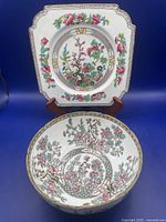 Front view of Ansley square cake plate and Coalport round bowl together