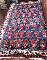 Full view of rug showing paisley field, borders, fringe