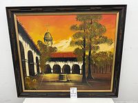 Full view of framed painting showing courtyard scene and frame condition