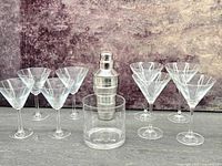 All items: 8 martini glasses, metal shaker, glass tumbler
