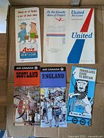 Six 1960s brochures: Avis, United timetable, United leaflet, Air Canada Scotland, Air Canada England, Travellers Guide to Britain