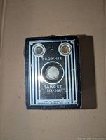 Front view showing Brownie Target Six-20 art-deco faceplate