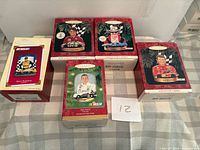 Five boxed Hallmark NASCAR ornaments including Jeff Gordon, Richard Petty, Bill Elliott, Matt Kenseth, Dale Jarrett, plus plain white outer box
