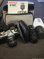 Group shot of camera, lenses, bag, manual, cases