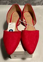 Top view of both red flats showing pointed toes, size tag attached, on box