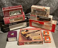 Full group of all empty model train boxes displayed