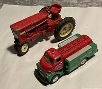 Top view of tractor and tanker truck showing overall form and color