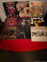 Eight vinyl record albums laid out on red surface showing front covers