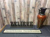 Vase, BELIEVE sign, quote plaque overall