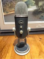 Front view of Blue Yeti microphone on stand