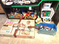 Overall lot with Marx doll house box, shelves of mixed toys, Lego bucket and bin