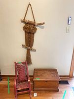 Overall view of trunk, chair, macramé owl