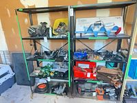 Both metal shelving units side by side filled with assorted items (not included)