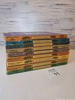 Stack of nine Dandelion Library books, side showing first set of titles