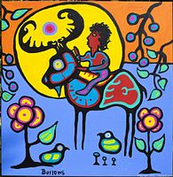 Front view of square acrylic painting on easel, full artwork visible