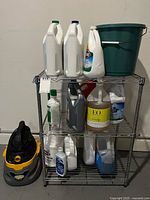 Full view of chrome rack with cleaning supplies and bucket plus vac