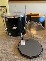 Ludwig Accent CS 14" floor tom, practice pad, loose Remo head, two boxed Remo heads
