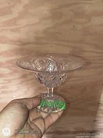 Side view of clear pressed glass pedestal bowl held in hand showing stem and bowl profile