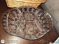 Top view of cut crystal divided dish showing three compartments and pinwheel pattern