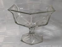 Full view of clear glass pedestal candy dish showing flared hexagonal bowl and foot