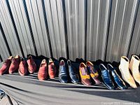 Eight pairs of shoes lined in a row on black cloth