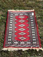 Full view of Bokhara rug laid flat on grass showing design and fringe