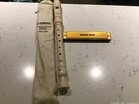 Full view of Yamaha recorder, canvas sleeve and Sharper Image harmonica