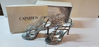 Pair of silver Capparros high-heel sandals with original box