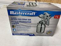 Box front showing Mastercraft siphon-feed spray gun specifications