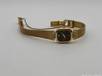 Full view of watch showing gold-tone mesh bracelet, safety chain, cushion case