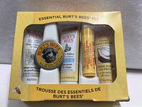 Front of sealed Essential Burt’s Bees Kit showing five products in window
