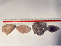 Four quartz specimens aligned beside ruler showing size reference
