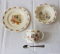Overview of Bunnykins plate, bowl, mug and Gerber spoon