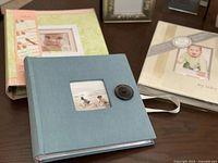 Three primary albums: blue linen, green/pink First Year, beige Koala Baby