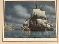 Close view of print showing ship scene, numbering 897/950 and signature