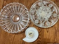 Three main pieces: ribbed glass bowl, divided glass tray, ceramic spiral olive tray with picks