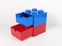 Red and blue Lego storage drawers stacked, both drawers open