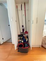 Overall view of closet showing mop handles, broom, dustpan, bucket and contents