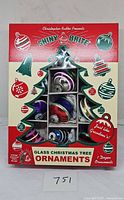 Front of boxed Christopher Radko Shiny Brite glass ornaments